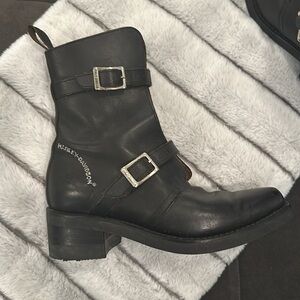 Vintage Harley Davidson, Black Leather, Moto Buckled Riding Boots, Made In Italy